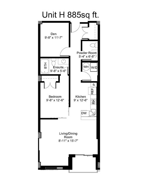 Floor plan for 1 bed, 1.5 baths, 885 sqft